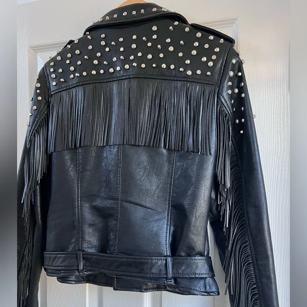 PINK ROSE Black Studded Fringe Leather Moto Jacket - Picture 8 of 10